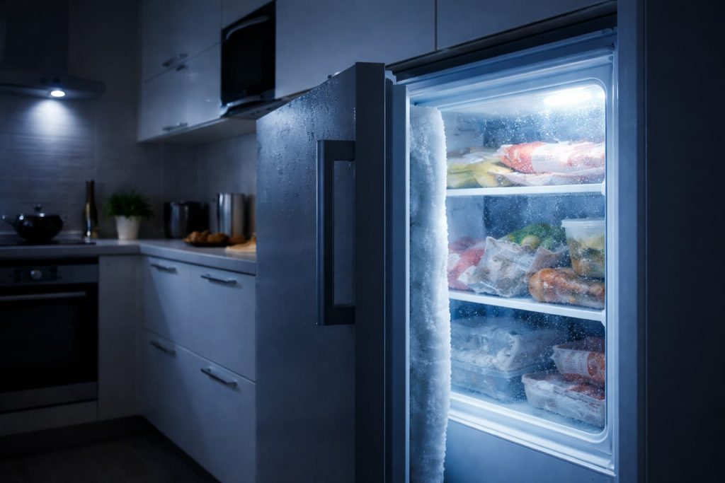 Un congélateur entrouvert pendant 12h.