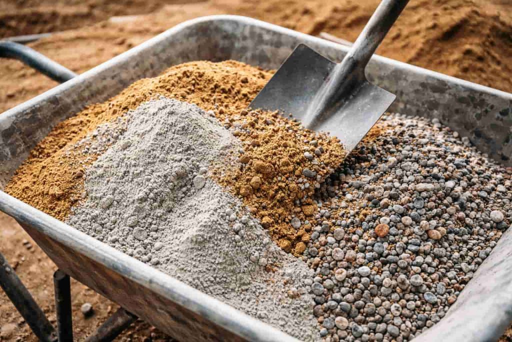 Dosage du béton à 350 kg avec un mélange sable et gravier.