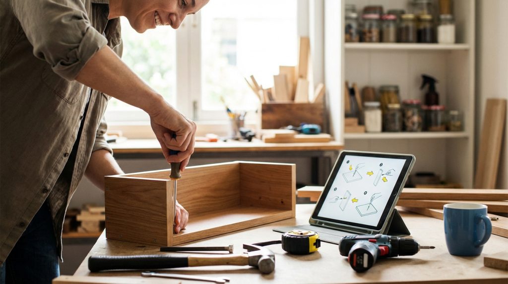Un homme assemble un meuble en bois avec un tournevis, consultant des instructions sur une tablette numérique dans un atelier.