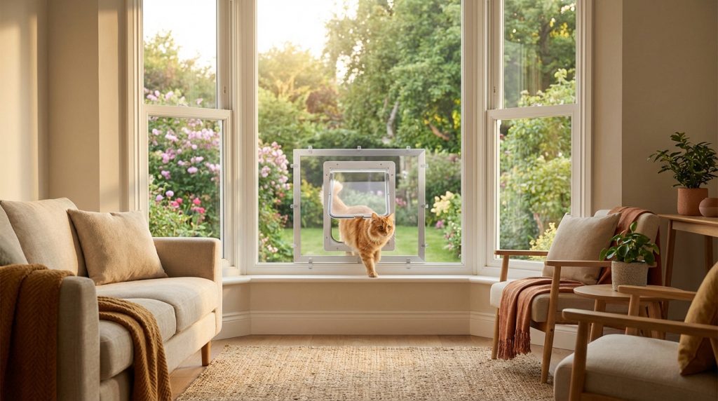 Chat roux sortant par une chatière transparente installée sans percer sur une baie vitrée, avec un jardin lumineux en arrière-plan.