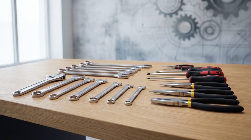 Assortiment d'outils Magnusson neufs (clés, tournevis, pinces) disposés sur une table en bois clair.