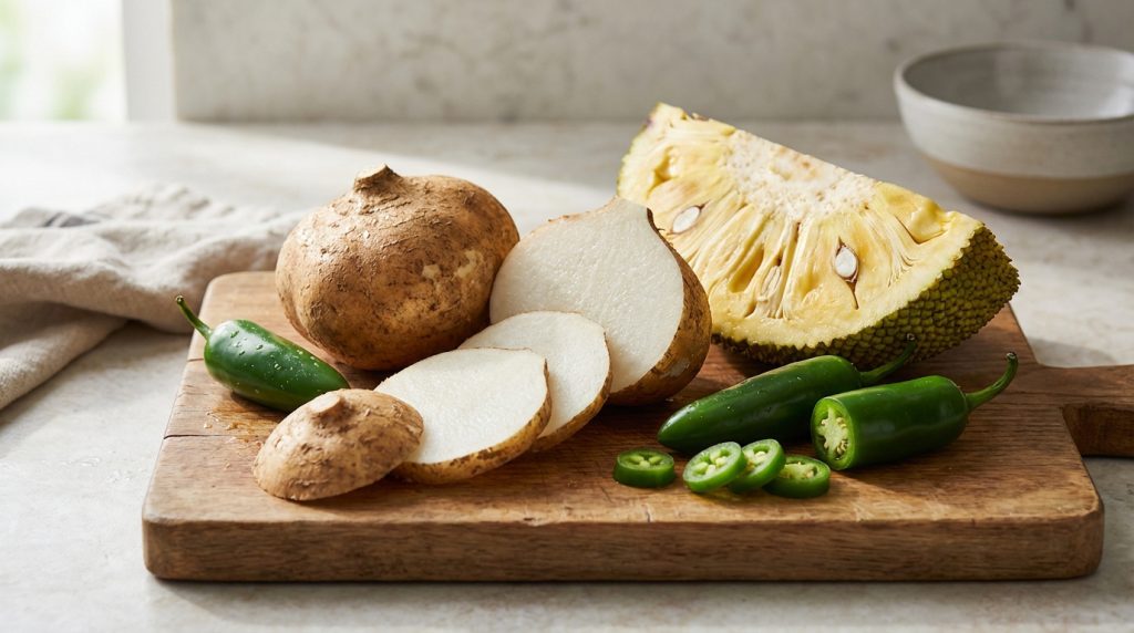 Planche en bois avec Jicama coupé, demi-jaque, piments Jalapeño entiers et tranchés, sur un comptoir clair.