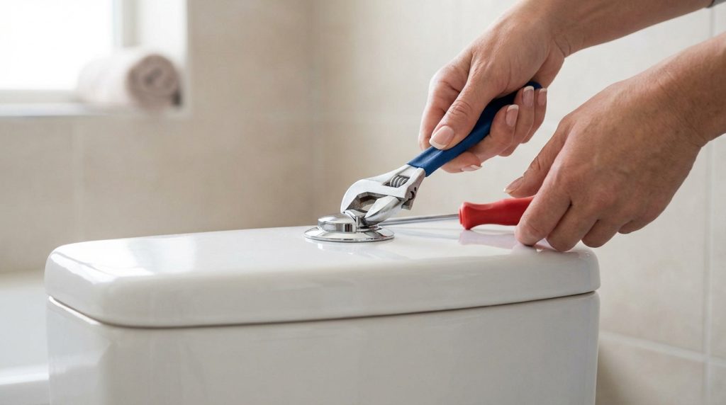 Mains serrant le mécanisme du bouton de chasse d'eau de WC avec une clé à molette dans une salle de bain claire.