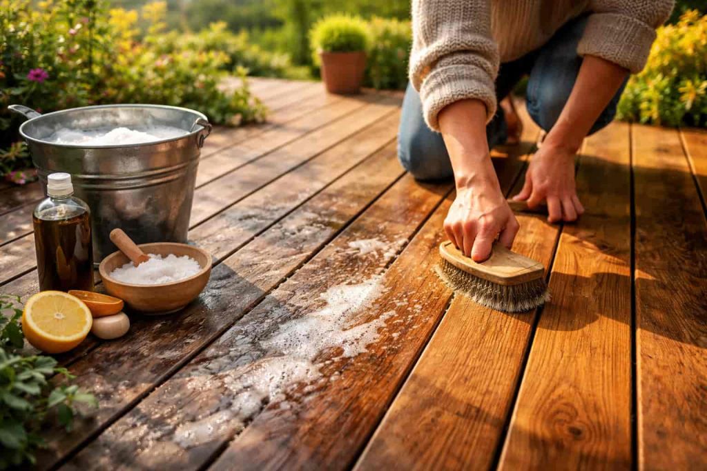 Un homme nettoie une terrasse en bois avec une éponge.