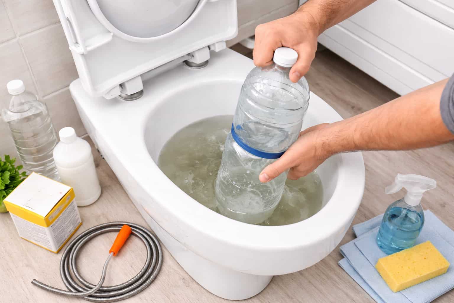 Un homme essaie de déboucher des toilettes avec une bouteille.