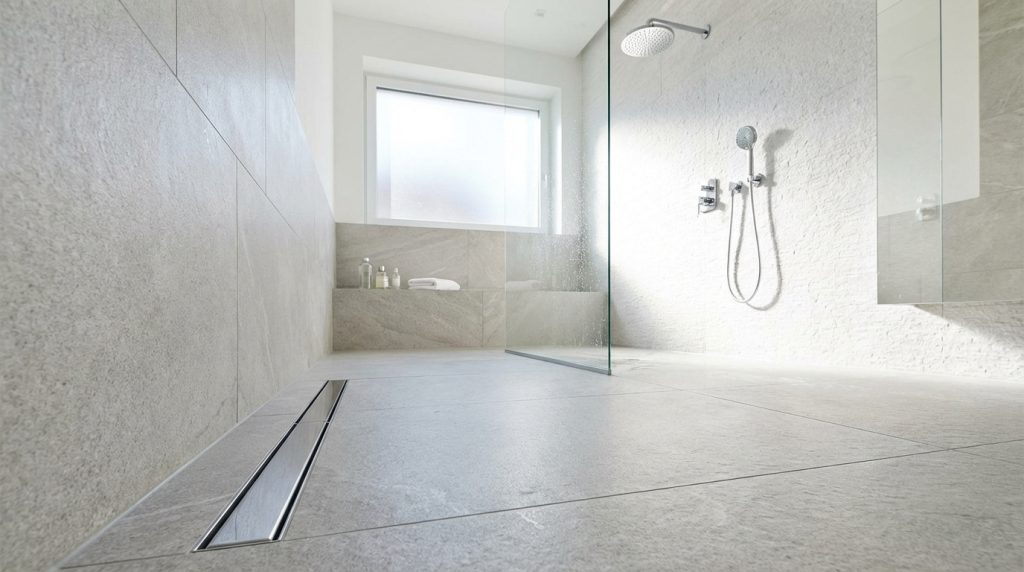 Salle de bain moderne avec douche à l'italienne. Carrelage gris clair, paroi vitrée, pommeau de douche pluie et siphon linéaire.