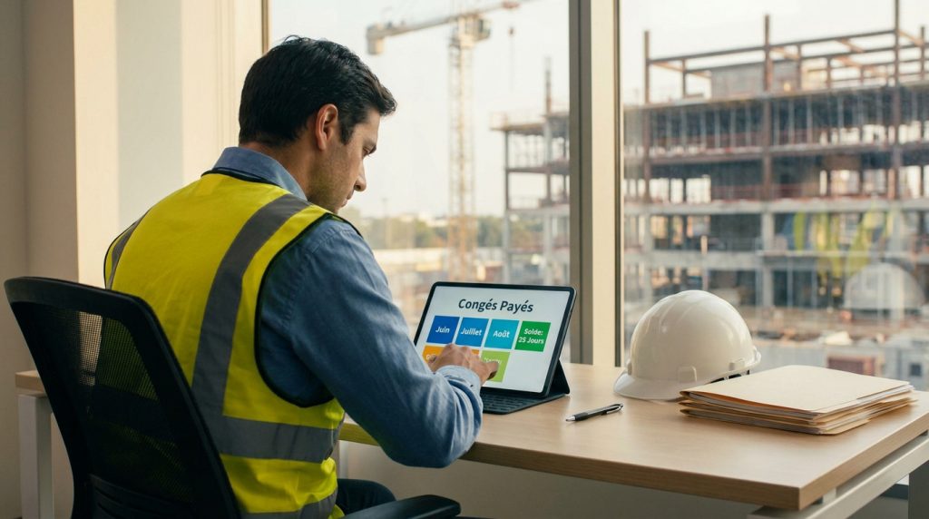 Un homme en gilet fluo gère ses congés sur tablette, avec un chantier de BTP visible par la fenêtre et un casque de chantier.