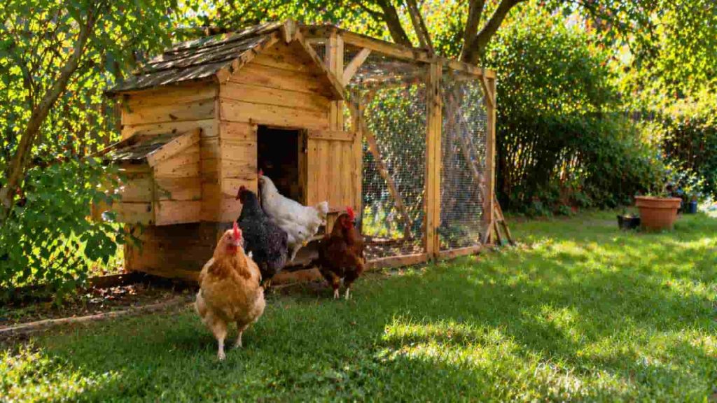 Des poules dans un jardin pour une taxe poulailler.