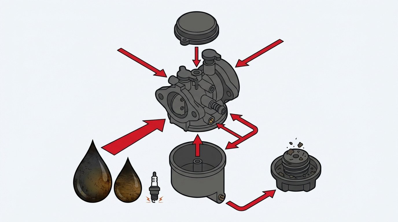 Vue éclatée d'un carburateur Briggs et Stratton montrant les gicleurs et la cuve