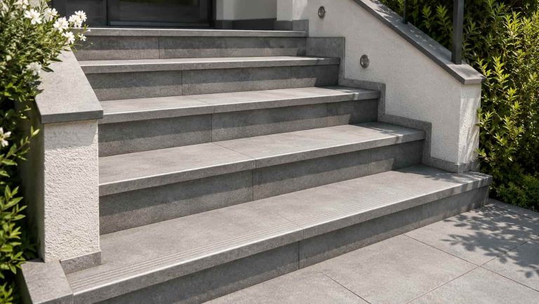 Carrelage d'un escalier extérieur.