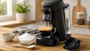 Une machine fait du café dans une tasse.