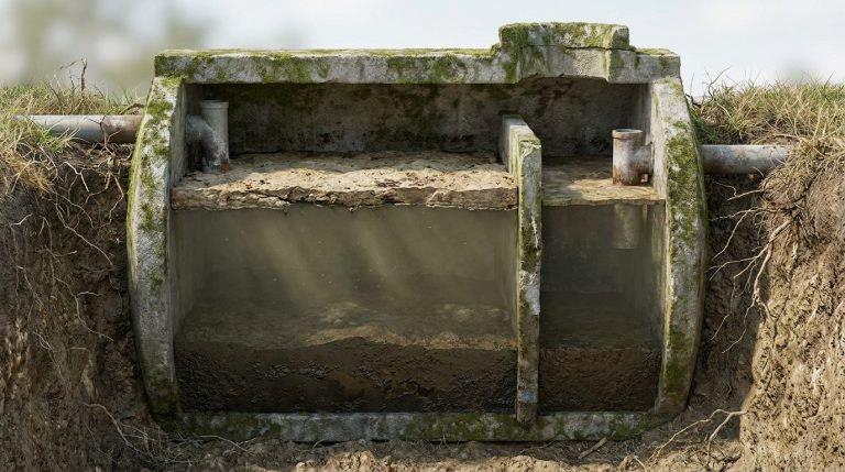 Schéma en coupe d'une fosse septique ancienne, montrant ses deux compartiments, la couche de boue, les eaux usées et les tuyaux d'entrée et de sortie enterrés.