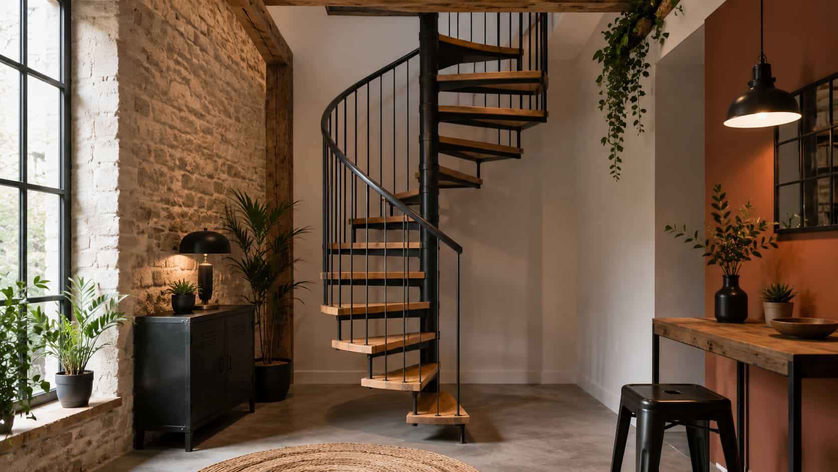 Un escalier intérieur à colimaçon.