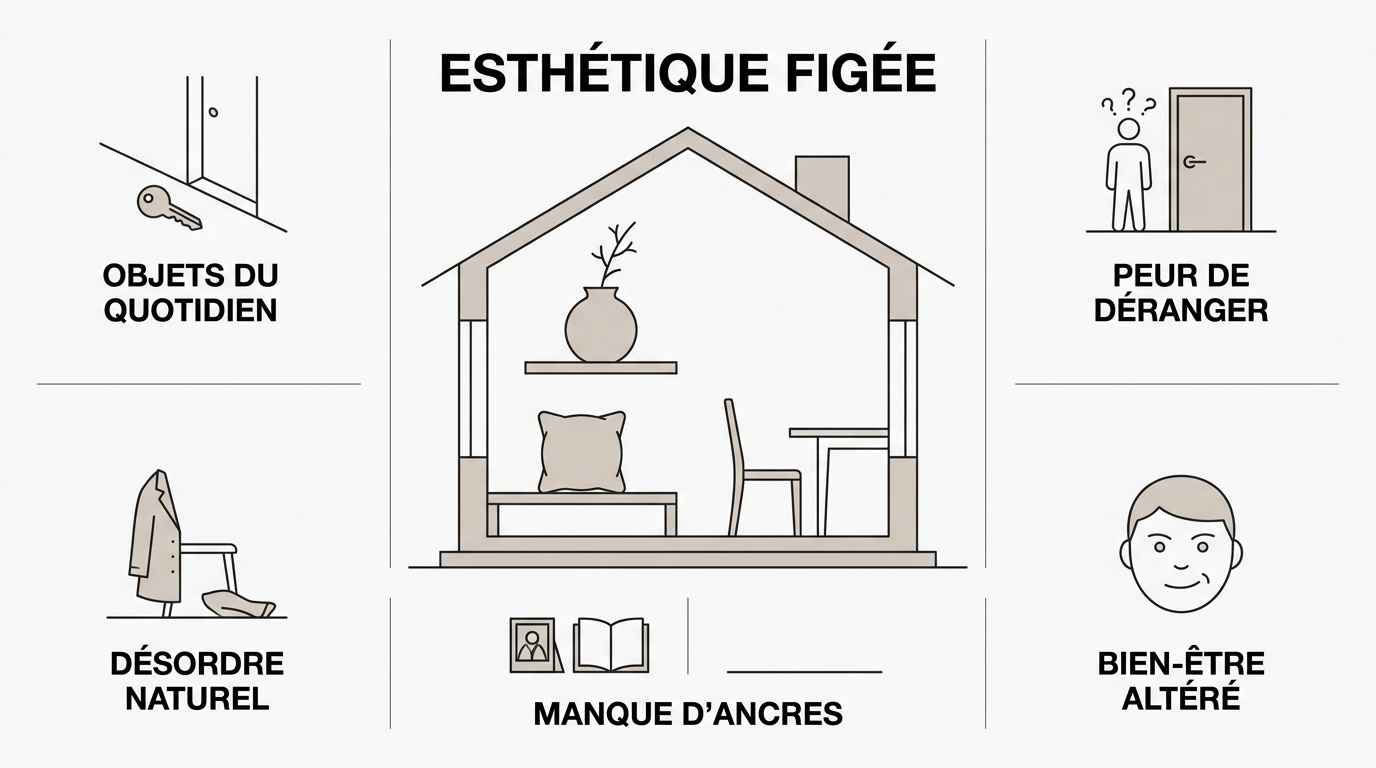 Comparaison entre un salon décoré pour la photo et le désordre naturel d'une pièce de vie