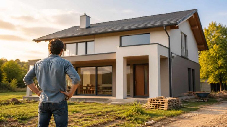 Un homme regarde une maison en construction.