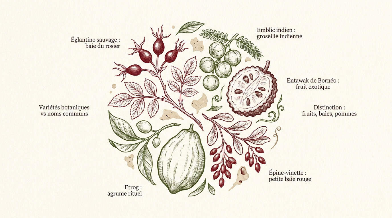 Illustration botanique montrant une sélection de fruits variés incluant des baies et des agrumes