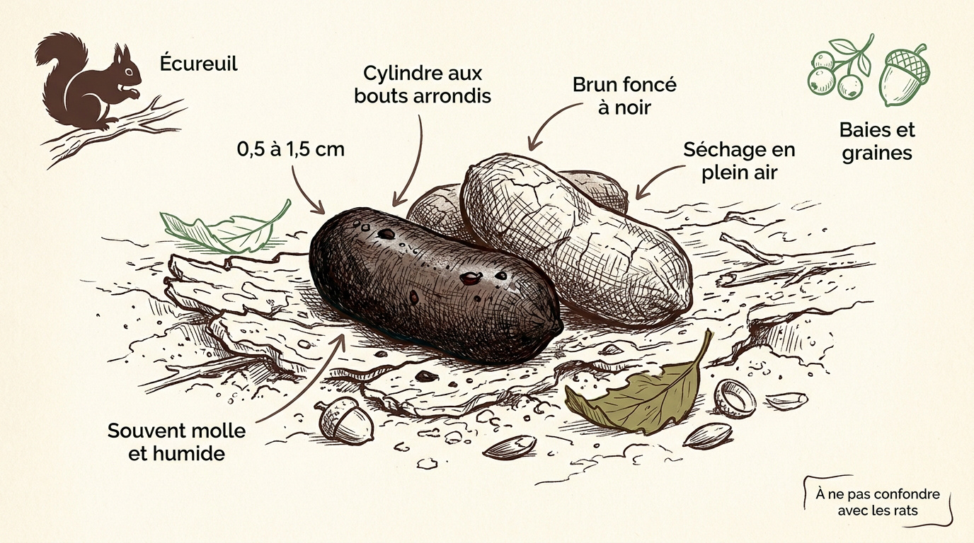 Illustration naturaliste montrant la forme et la taille des crottes d'écureuil près d'une branche