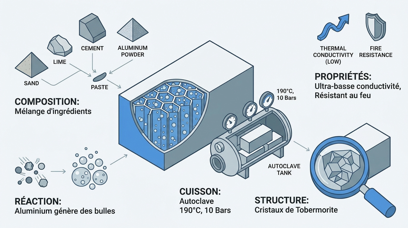 Infographie montrant les étapes de fabrication du béton cellulaire autoclavé en usine