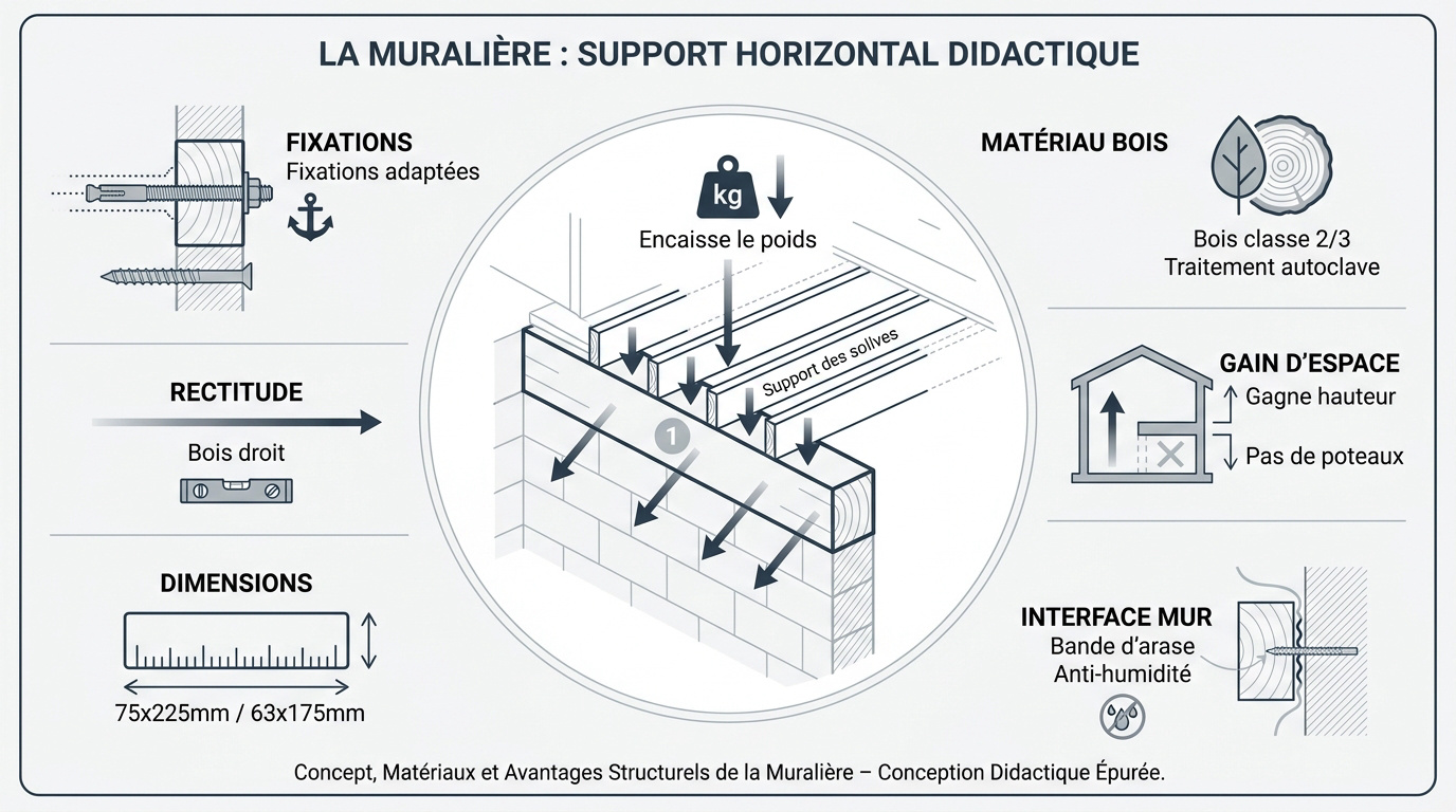 Infographie montrant la fixation d'une muralière en bois sur un mur porteur pour supporter des solives
