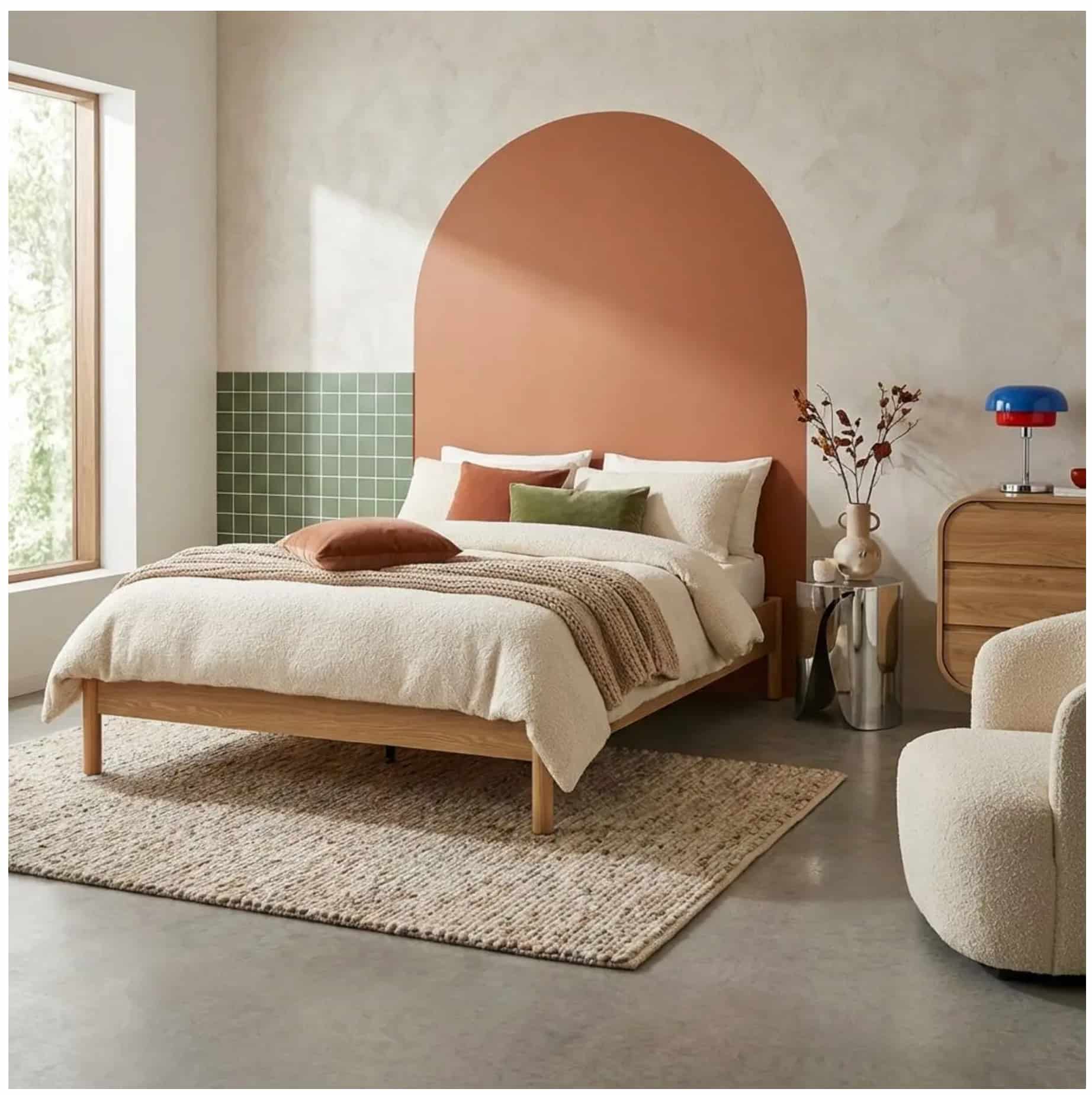 Un lit queen size dans une chambre terracotta.