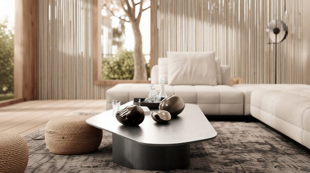Salon zen lumineux aux tons neutres : canapé crème, table basse design, poufs tressés, mur à lattes et vue sur jardin.