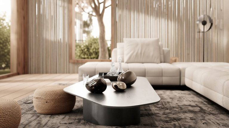 Salon zen lumineux aux tons neutres : canapé crème, table basse design, poufs tressés, mur à lattes et vue sur jardin.