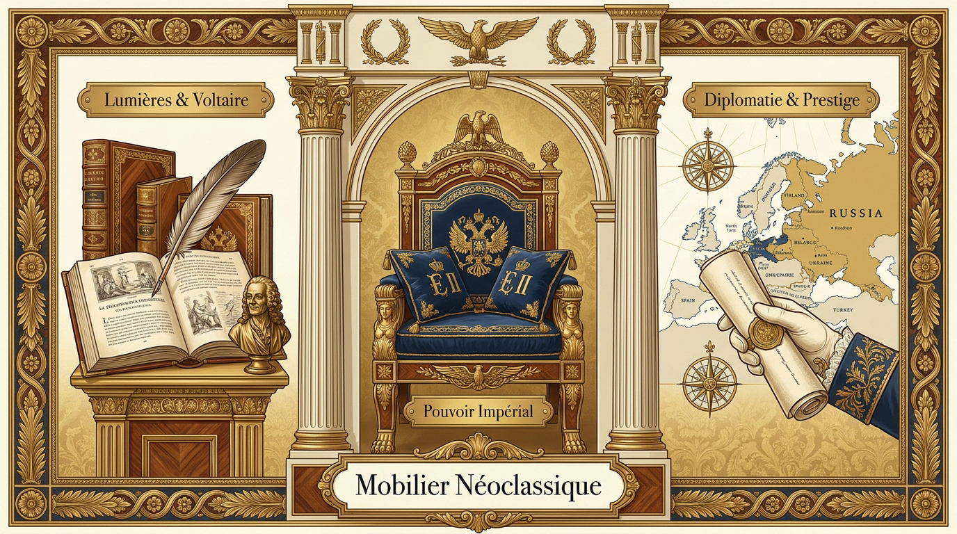Mobilier impérial russe de style néoclassique avec dorures et lignes droites