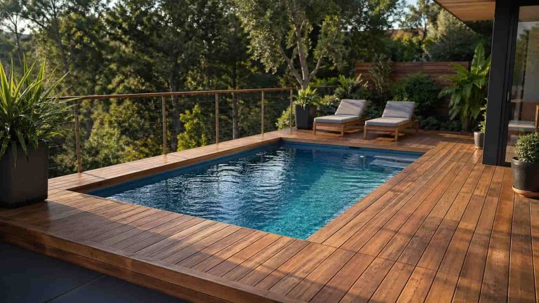 Une piscine sur une terrasse en bois.
