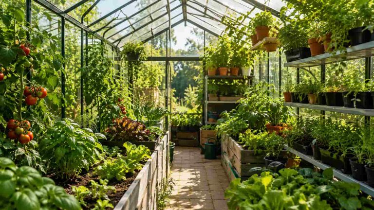Des plantes dans une serre de jardin.