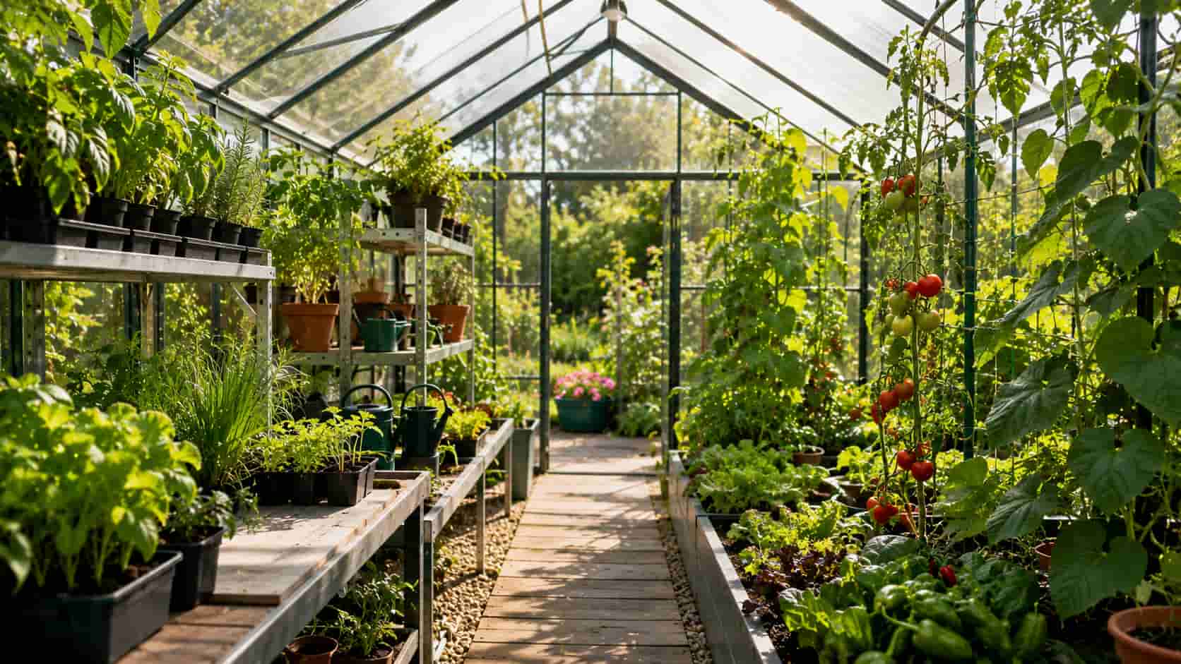 Une serre de jardin optimisée avec des plants de tomates.