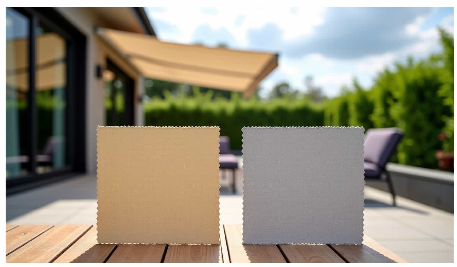 Comparatif de toiles de stores sur une terrasse.