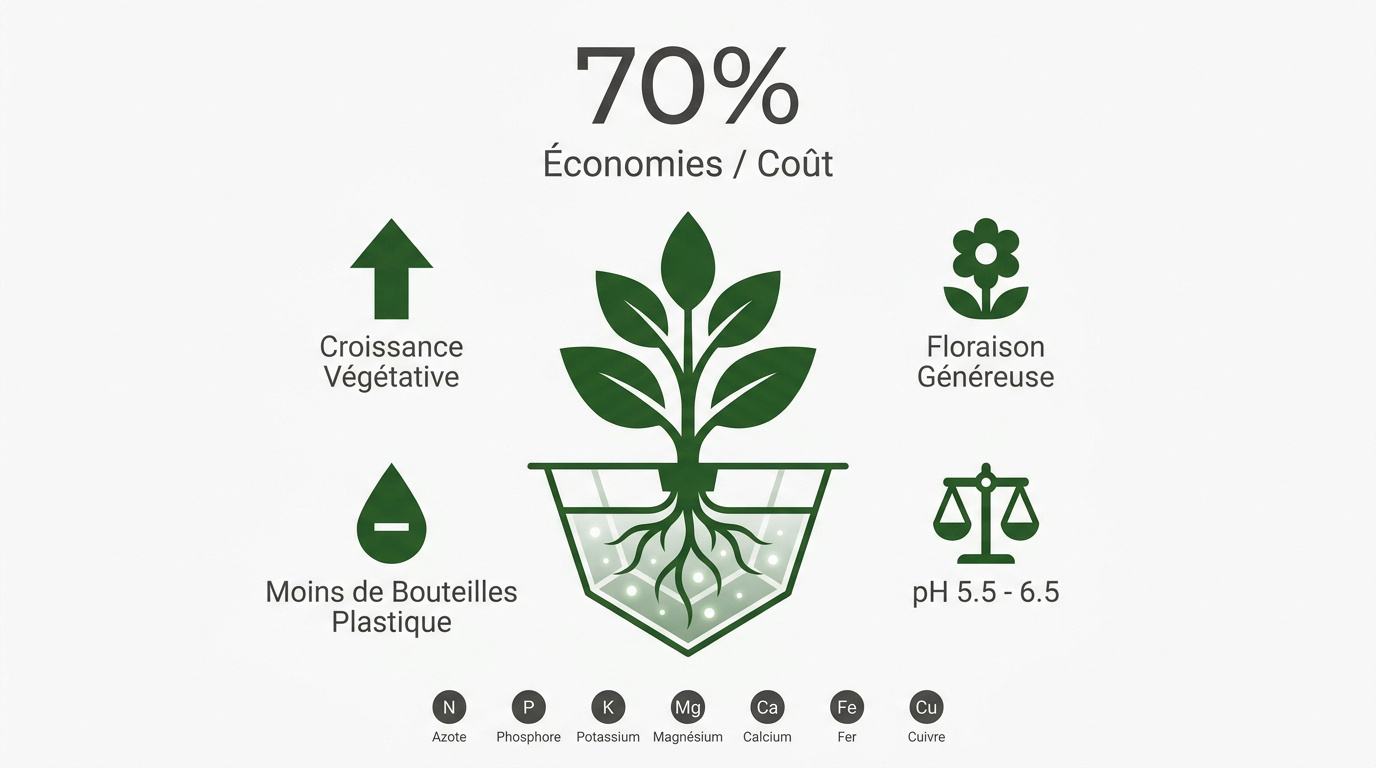Infographie présentant les avantages de l'hydroponie et les nutriments essentiels NPK