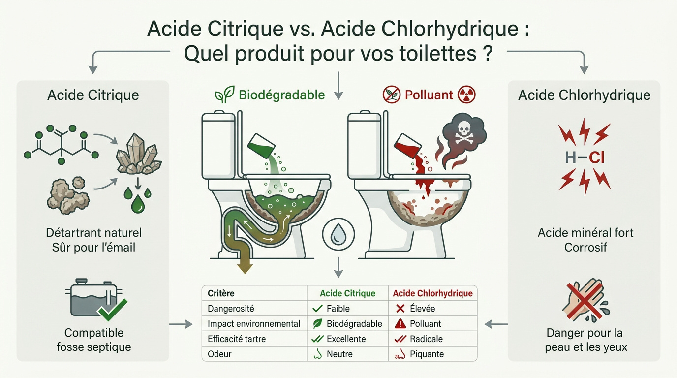 Comparaison entre l'acide citrique naturel et l'acide chlorhydrique corrosif pour le nettoyage des WC