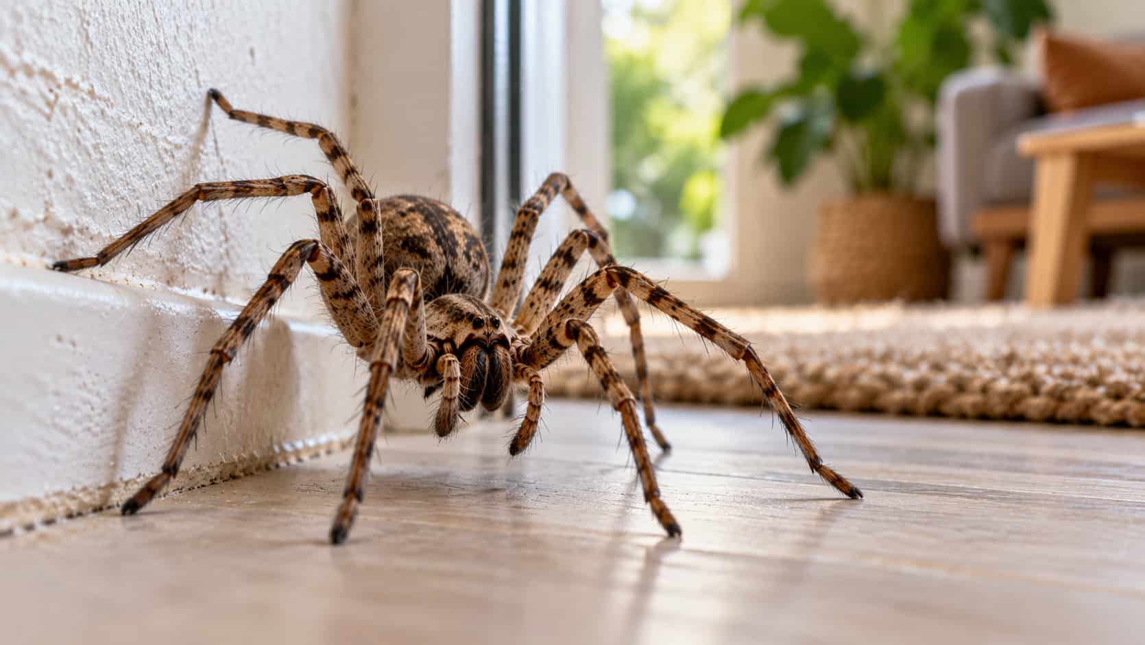 Une grosse araignée noir et blanc contre un mur.
