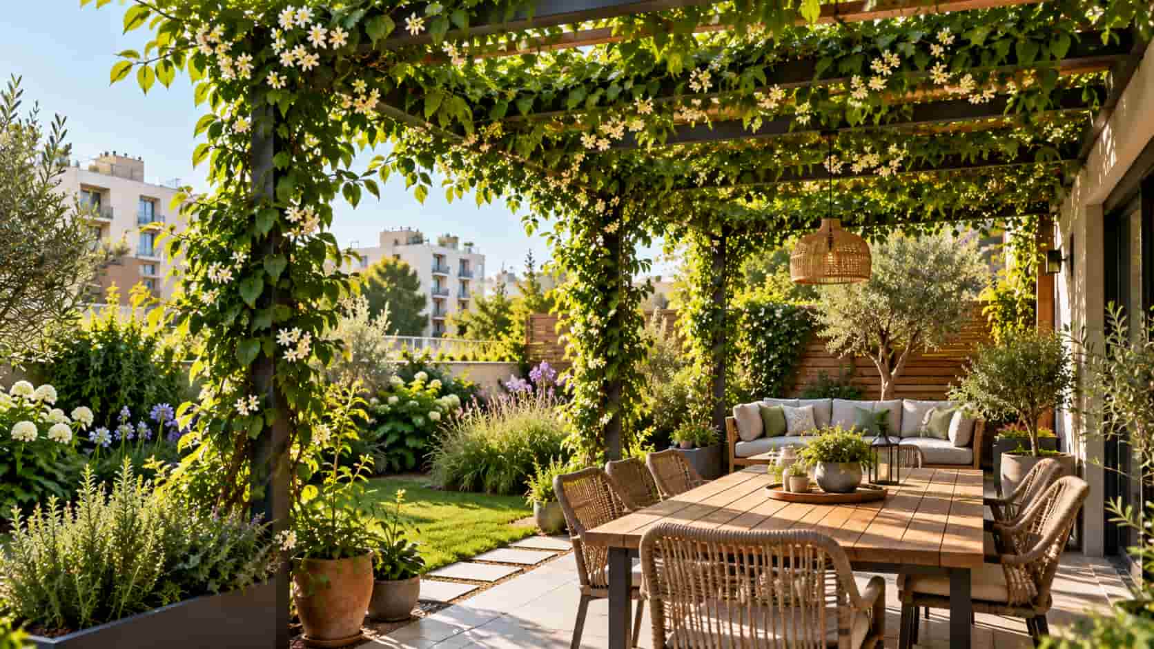 Une plante grimpante sur une pergola.