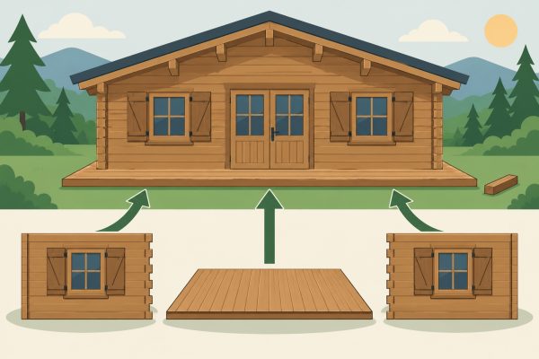 Trois modules en bois démantelés et une plateforme centrale prête à être assemblées devant une petite maison en bois dans un