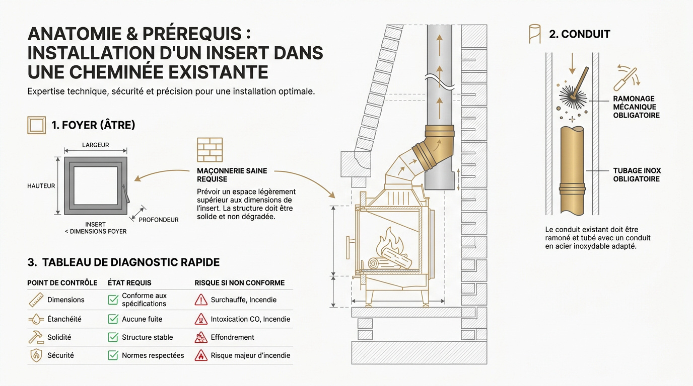 Schéma technique des prérequis pour installer un insert dans une cheminée ancienne