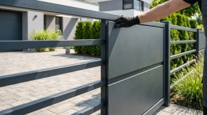 Un professionnel installe une plaque brise-vue en métal gris sur un portail moderne.