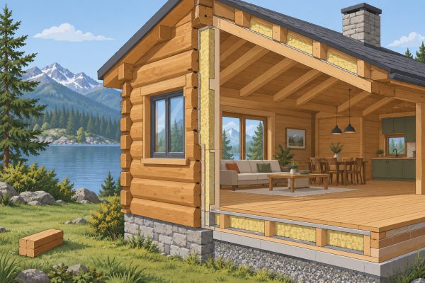 Chalet en bois habitable en kit avec terrasse ouverte sur les montagnes et le lac, montrant une façade en rondins et un