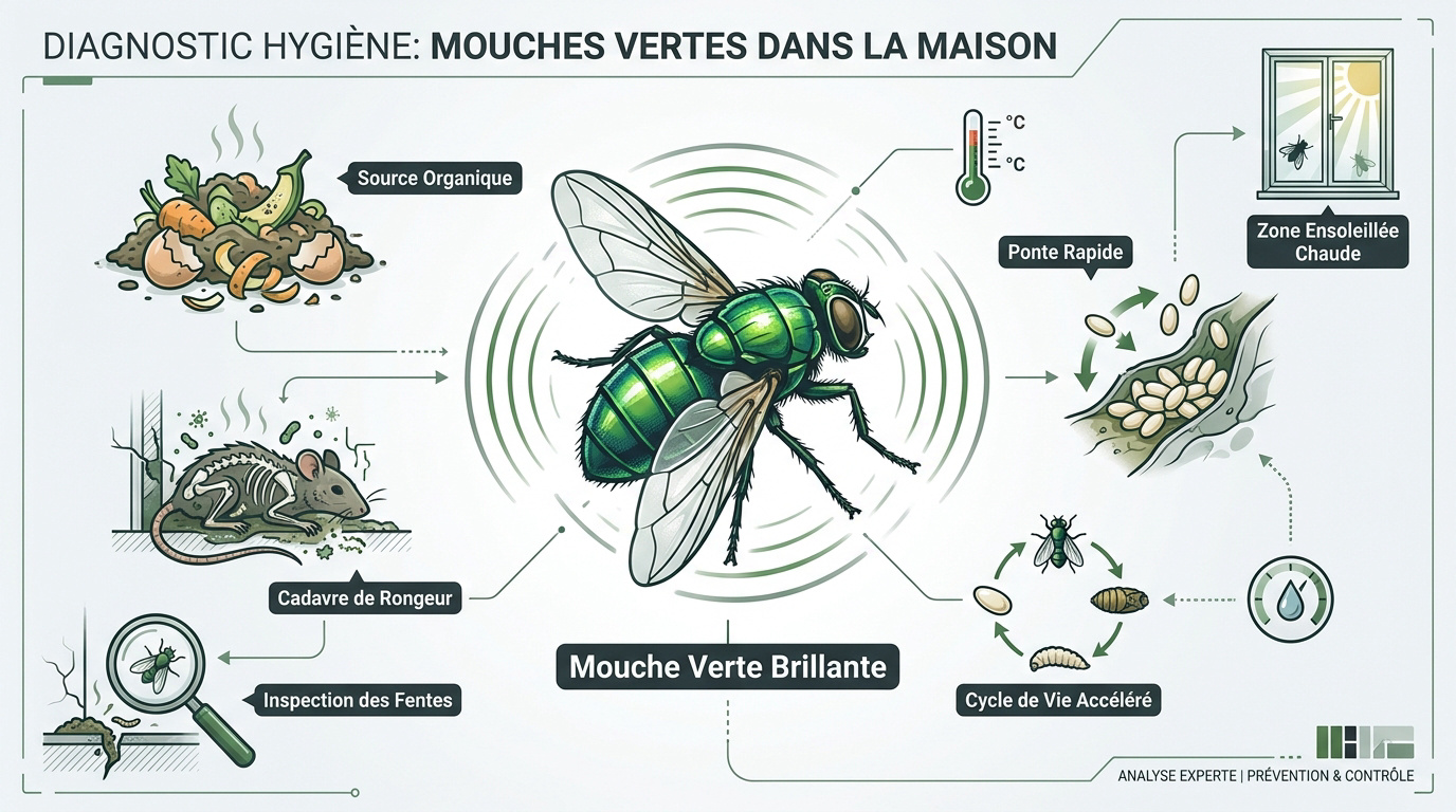 Mouche verte métallique sur une surface domestique illustrant une infestation