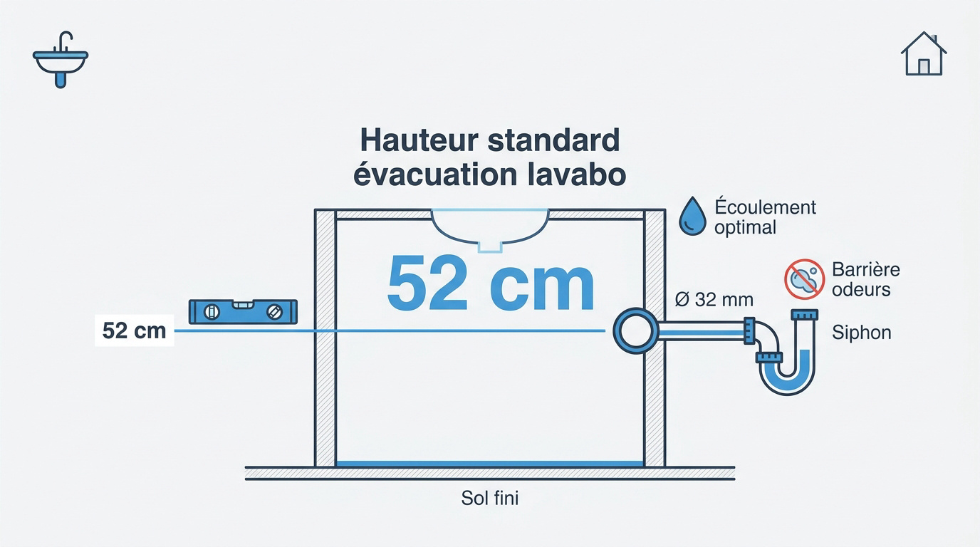 Schéma technique indiquant la hauteur de 52 cm pour l'évacuation d'un lavabo mural