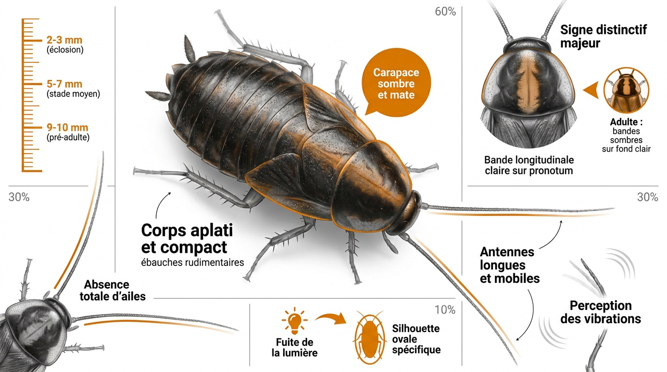 Infographie montrant les caractéristiques physiques d'une nymphe de blatte germanique