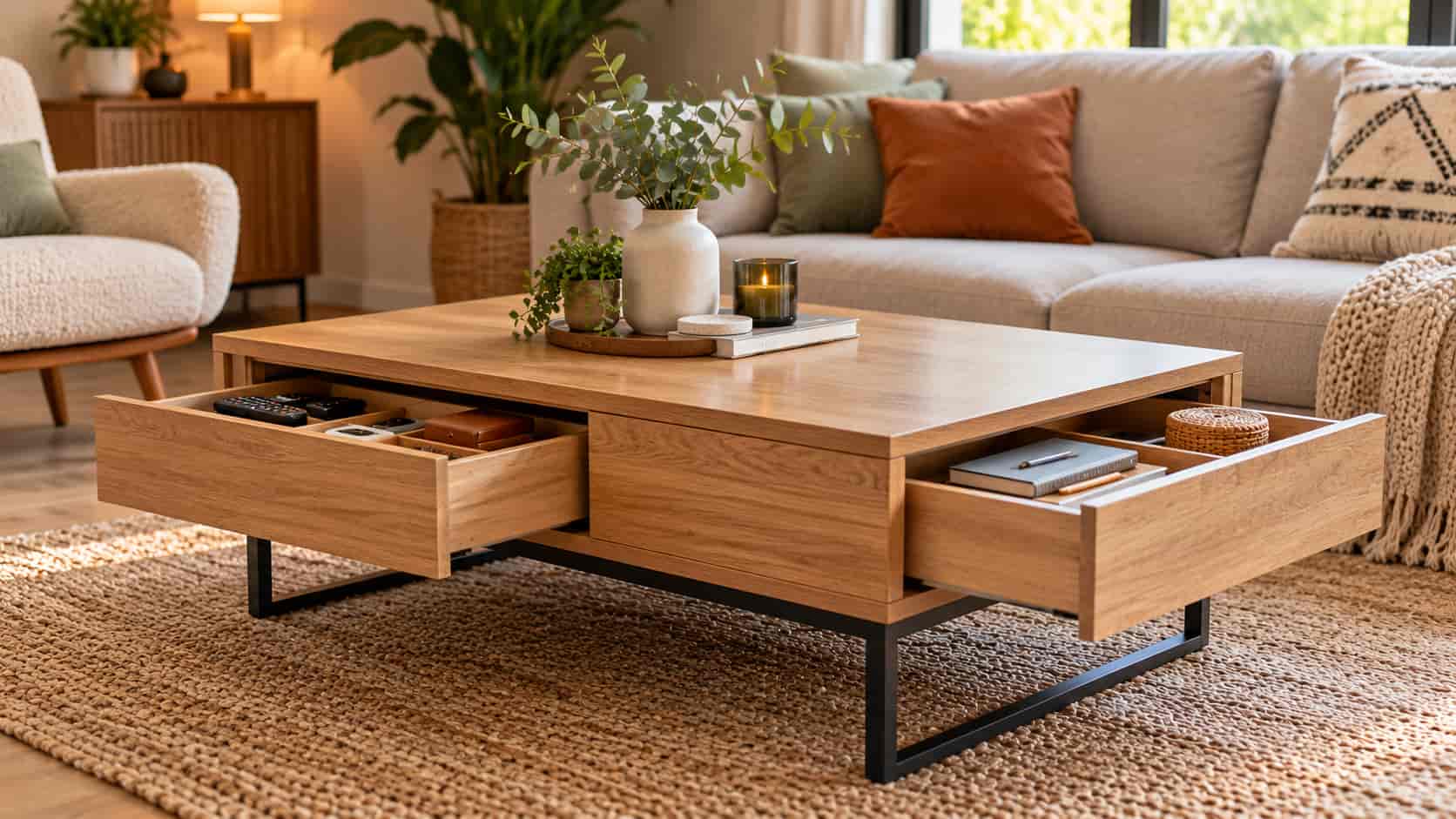 Une table basse à tiroirs.